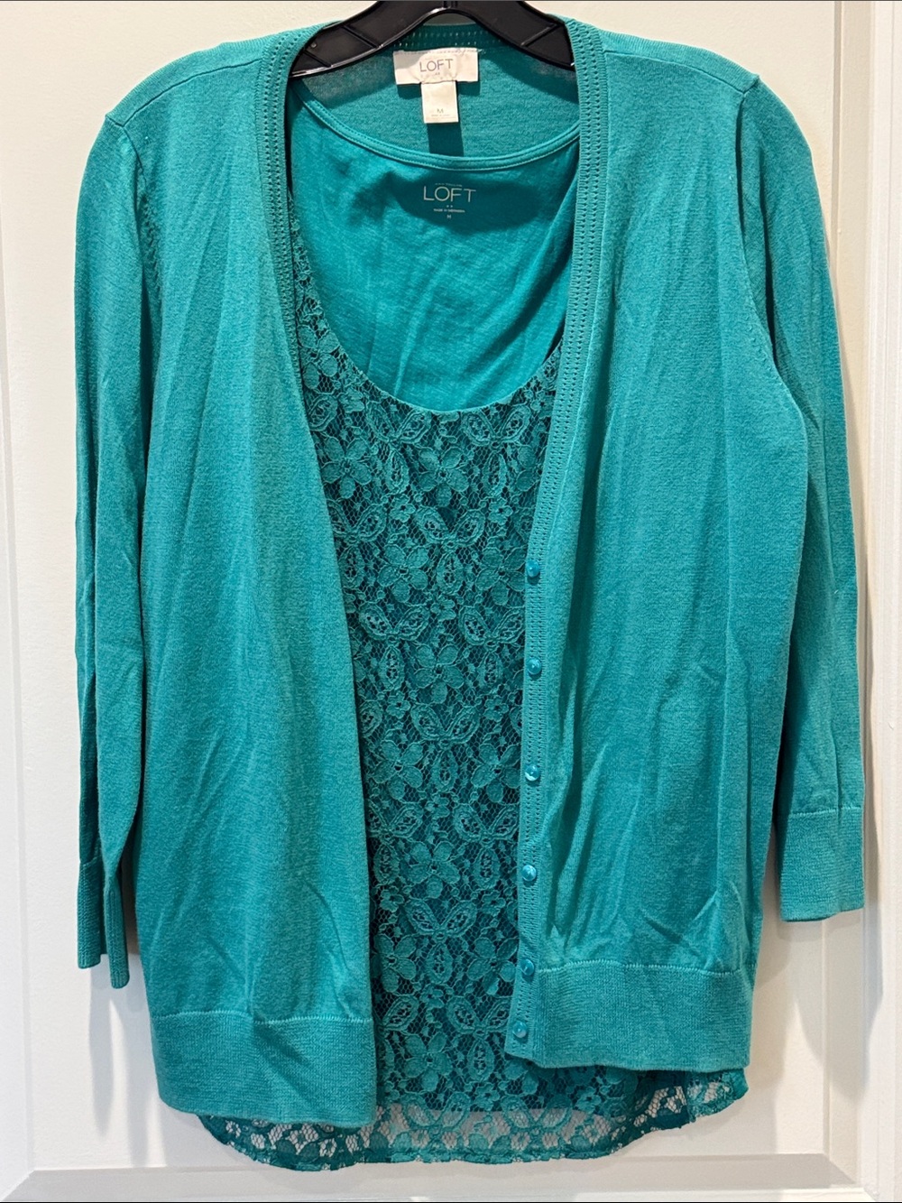 LOFT Teal Lace-Front Cardigan and Shell Set